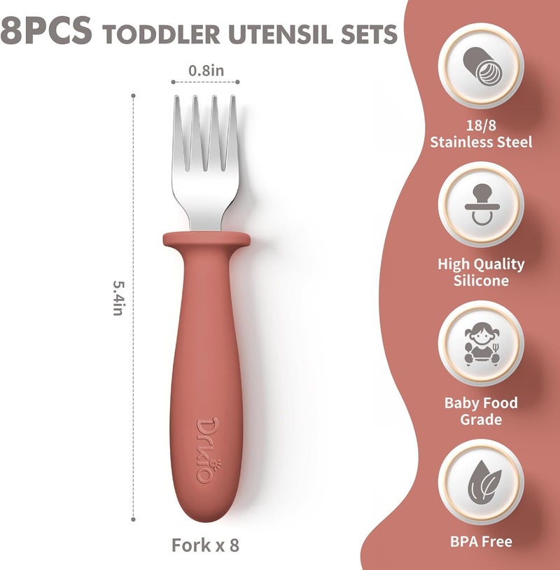 DRKIO 8 Pieces Toddler Forks Set - Baby Forks with Silicone Handle Children safe 18/8 Stainless Steel Toddler Utensils Set for Self Feeding Kids Silverware Anti-Choke Design Food Grade Dishwasher Safe - Image 2